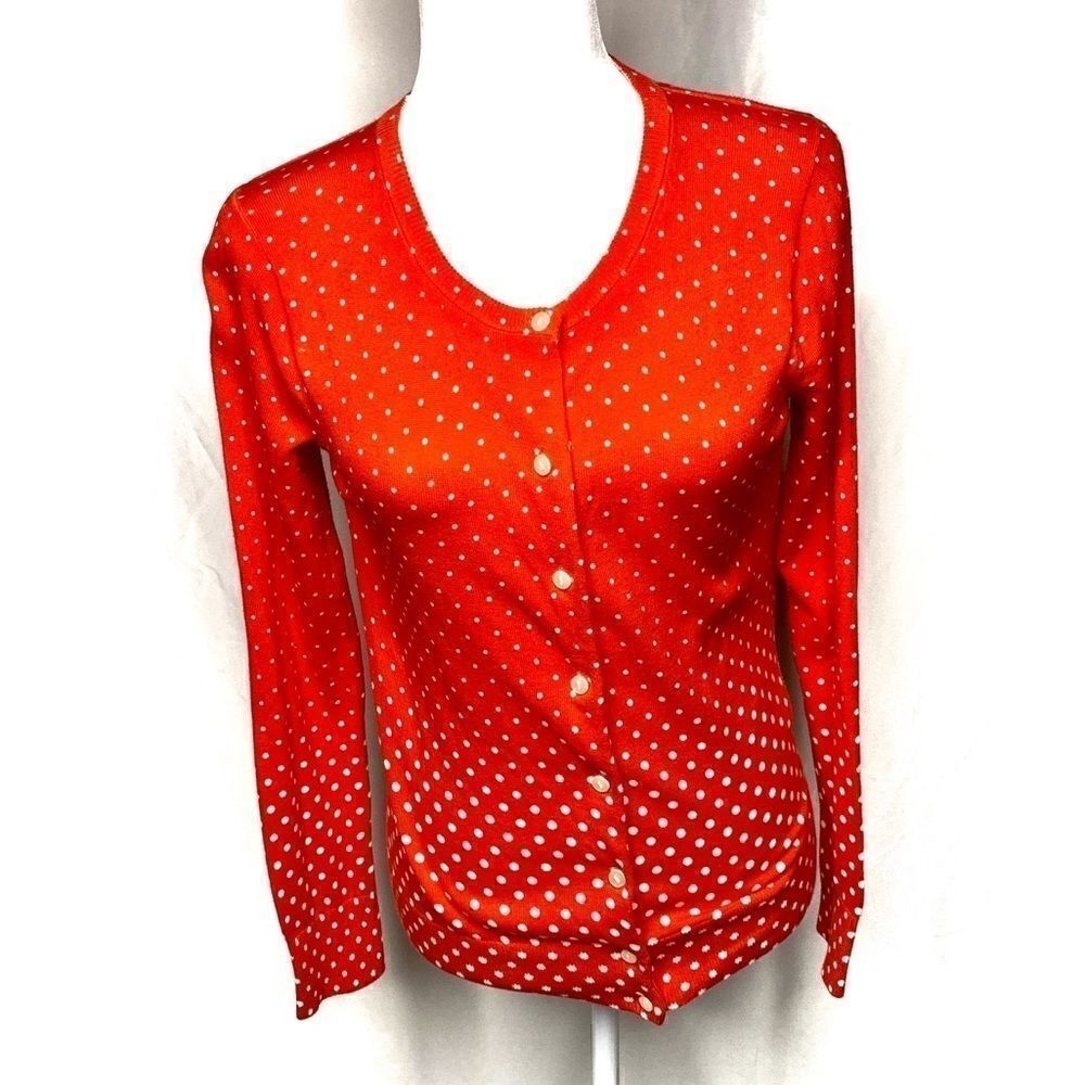 Lands’ End orange with white polka dot cardigan XS